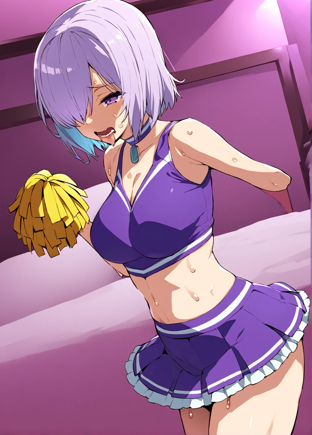 front、Highly detailed illustration、Ultra-precise expression、masterpiece、Highest quality、ultra High resolution、High resolution、Hiromitsu Takeda style、Angle from the side、love hotel bed background、Detailed Background、Cowboy Shot、One Girl、alone、Mash Kyrielight、Light purple hair,short hair,Hair on one eye、Cheerleader、Frilled Skirt、another、Choker of Hearts、white breath、Sweat、Drooling、
