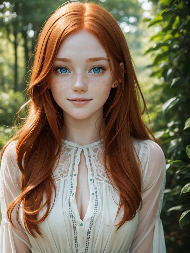 A happy, close shot, upper body beautiful portrait photo of the most beautiful redhead young woman, natural beauty, no makeup with pale skin, long rich ginger hair, blue eyes, hollow cheeks, freckles on face and body, aesthetic feminine green dress (Ultra details, High Quality)