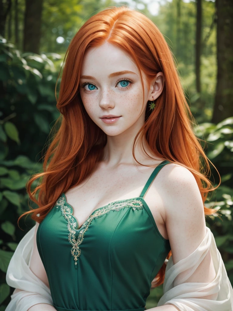 A happy, close shot, upper body beautiful portrait photo of the most beautiful redhead young woman, natural beauty, no makeup with pale skin, long rich ginger hair, blue eyes, hollow cheeks, freckles on face and body, aesthetic feminine green dress (Ultra details, High Quality)