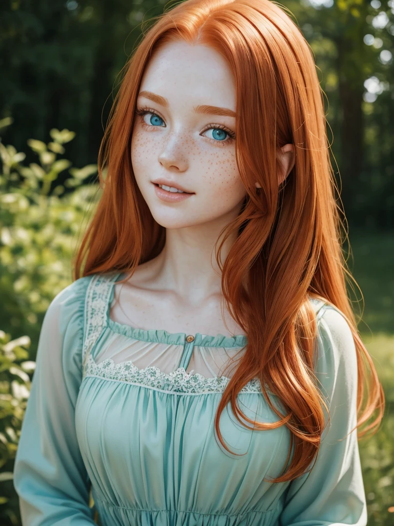 A happy, close shot, upper body beautiful portrait photo of the most beautiful redhead young woman, natural beauty, no makeup with pale skin, long rich ginger hair, blue eyes, hollow cheeks, freckles on face and body, aesthetic feminine green dress (Ultra details, High Quality)