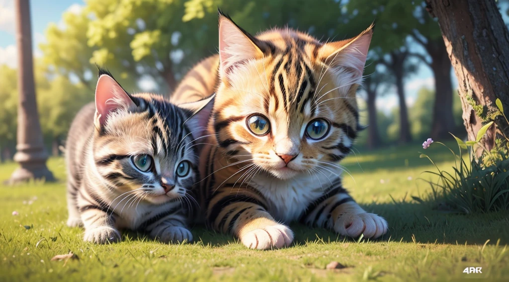 a kitten playing in a park, 1 cute kitten, adorable kitten, kitten playing with toys, kitten running, kitten exploring nature, kitten on grass, kitten in sunlight, detailed kitten fur, detailed kitten eyes, kitten with bright colors, colorful park background, lush greenery, blue sky, fluffy clouds, (best quality,4k,8k,highres,masterpiece:1.2),ultra-detailed,(realistic,photorealistic,photo-realistic:1.37),vibrant colors,natural lighting,cute and wholesome