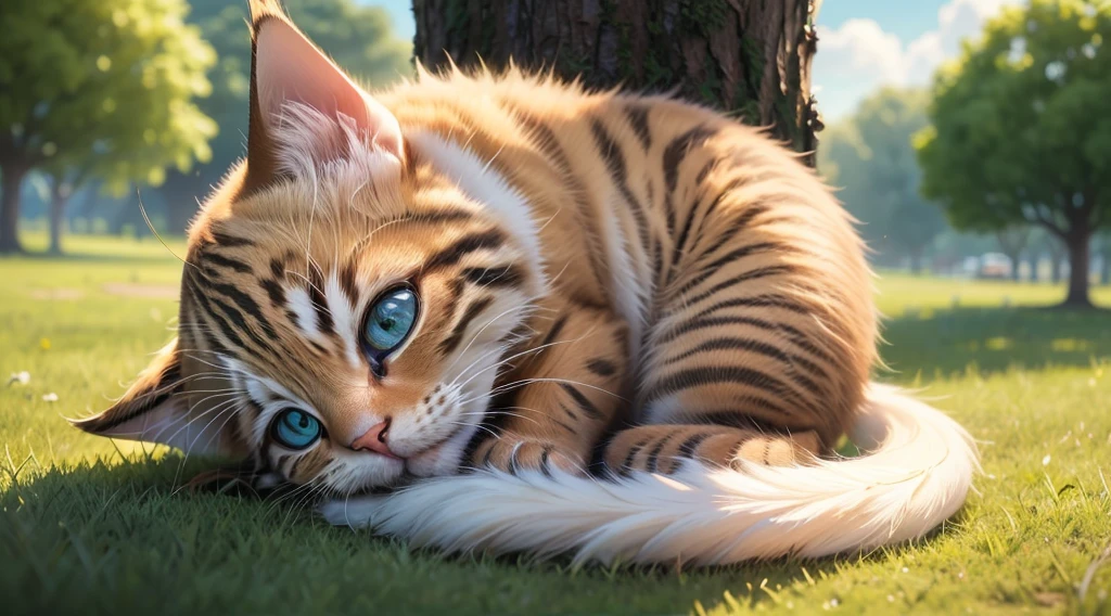 a kitten playing in a park, 1 cute kitten, adorable kitten, kitten playing with toys, kitten running, kitten exploring nature, kitten on grass, kitten in sunlight, detailed kitten fur, detailed kitten eyes, kitten with bright colors, colorful park background, lush greenery, blue sky, fluffy clouds, (best quality,4k,8k,highres,masterpiece:1.2),ultra-detailed,(realistic,photorealistic,photo-realistic:1.37),vibrant colors,natural lighting,cute and wholesome