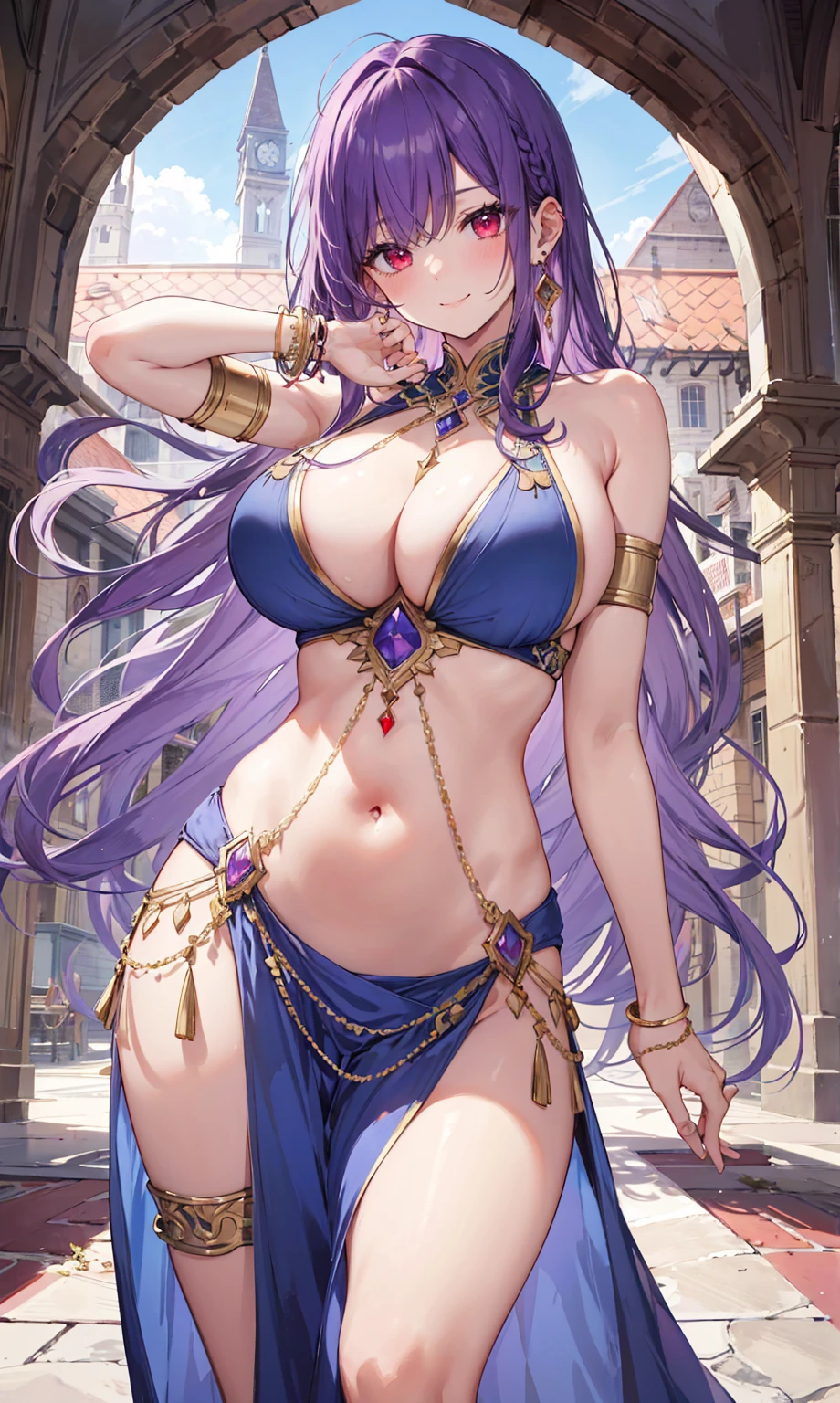 high quality, ultra detailed, best quality, insanely detailed, beautiful, masterpiece, 1girl, medieval plaza, cowboy shot, red eyes, long hair, purple hair, belly dancer, circlet, earrings, armlets, bracelets, bashful smile, large breasts, cleavage, soft stomach