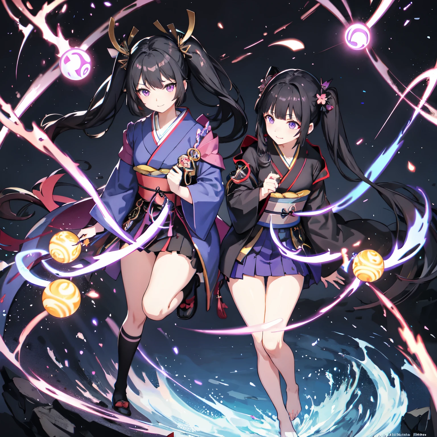 Two Girls, kimono,smile, Twin tails ,Black Hair, Purple eyes, magic circle, wallpaper, landscape, Blood, Blood splatter, Depth of written boundary, night, , Thighs, destiny \(series\), Genshin Impact, ****, Open jacket, skirt, Knee socks, cloud