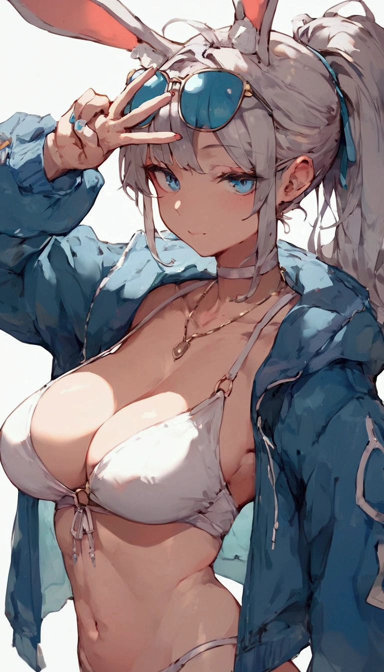 score_9,score_8,score_7,score_8_up,score_7_up、a cartoon girl with big bunny ears wearing swimwear giving the peace sign, 1girl, breasts, blue eyes, solo, animal ears, navel, v, large breasts, eyewear on head, ponytail, grey hair, jacket,Miyu