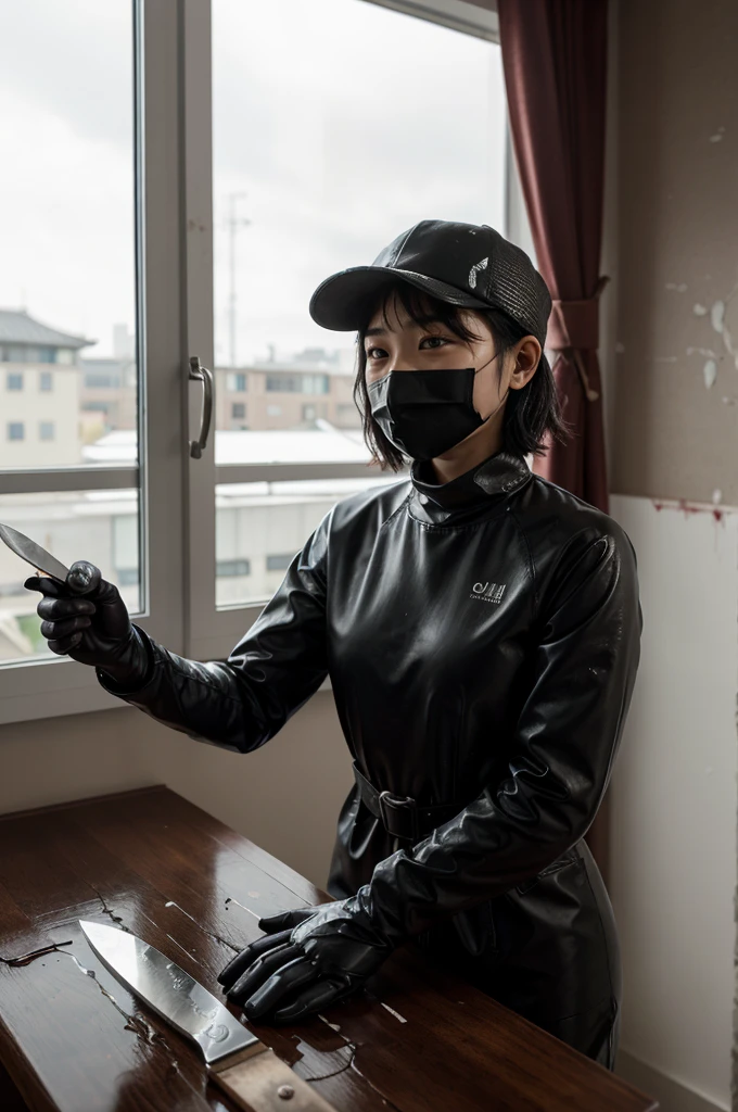 korean girl, (behind corpse, surgical mask), holding knife, stabbing, leather gloves, woman on top, room full of blood, black trench coat, trucker hat, holding knife, black wet suit, leather gloves, behind corpse, blood splatter, short hair, night, mass murderer, robbery, in the hotel, light from the window