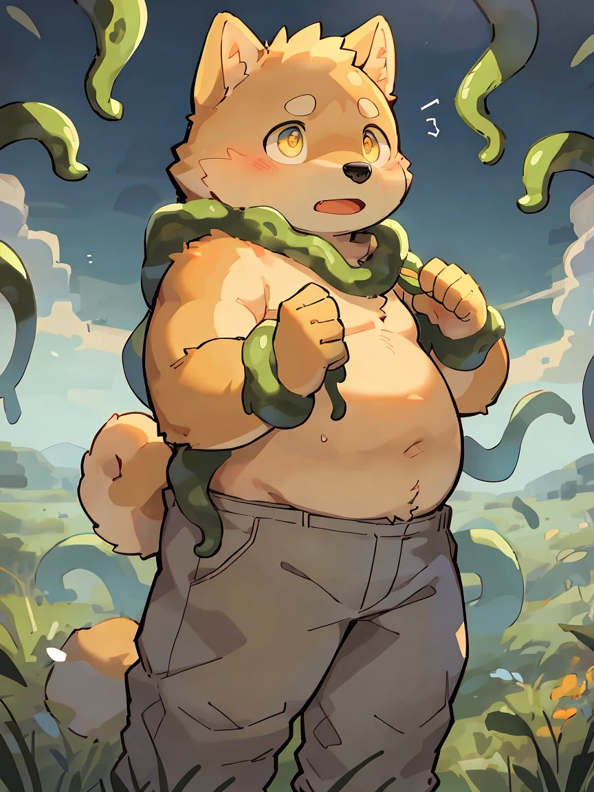 masterpiece, best quality, Perfect anatomical structure, Bright Eyes, Big watery eyes, Provided by RUHU1145, hairy, (Shiba Inu), fur(trigger:0.3),boy, Solitary,Shy,White pants,Shirtless,(Chubby body),Pink nipples,(Tentacle entanglement),field
