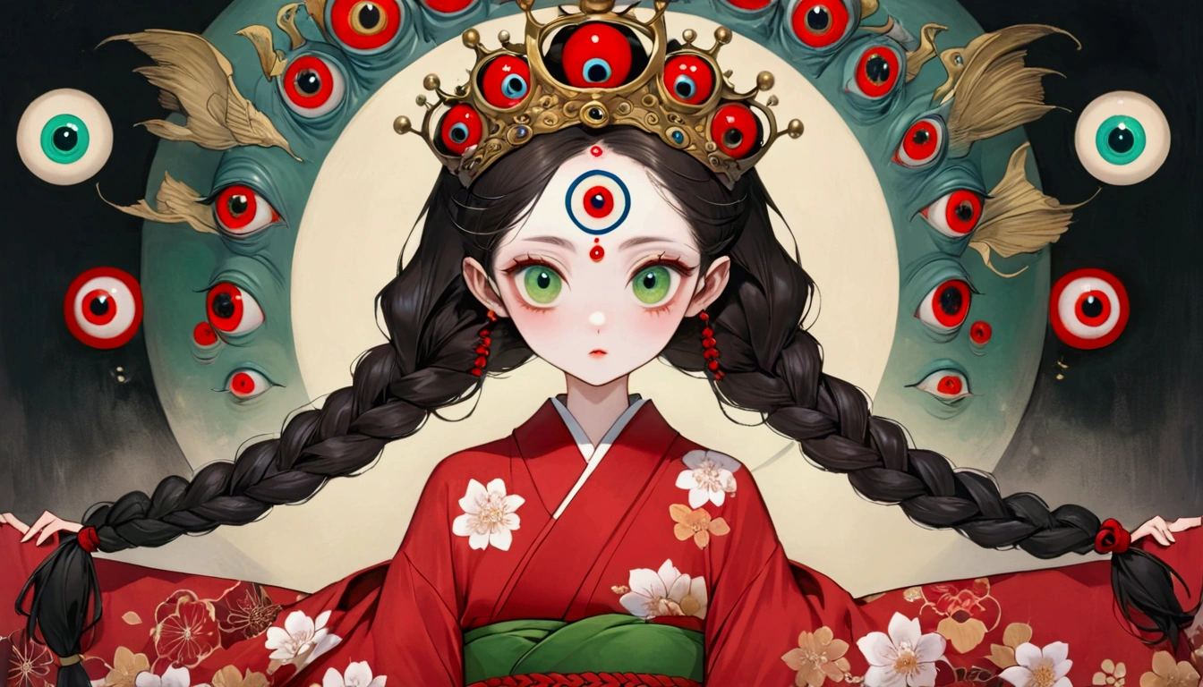 Art Illustration,Dark Style,(((1Princess wearing a crown,Double braid,独奏,third eye on the forehead,big eyes))),(((Gorgeous Japanese red kimono:1.6,Eye Diagram,Dark Pattern))).(((Thin waist,Greenbelt:1.37)))whole body
