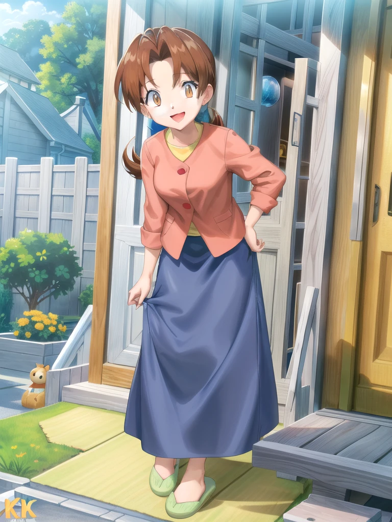 Delia_Ketchum 1girl, full body, looking at viewer, :d, open mouth, (extremely detailed CG unity 8k wallpaper), (masterpiece), (best quality), (ultra-detailed), (best illustration), (best shadow), (absurdres), finely detail, skirt, shirt, blue skirt, long skirt, pink shirt, slippers,