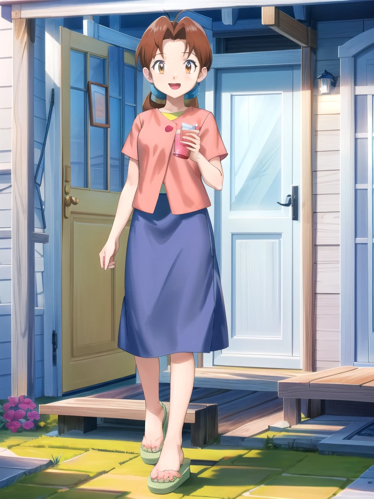 Delia_Ketchum 1girl, full body, looking at viewer, :d, open mouth, (extremely detailed CG unity 8k wallpaper), (masterpiece), (best quality), (ultra-detailed), (best illustration), (best shadow), (absurdres), finely detail, skirt, shirt, blue skirt, long skirt, pink shirt, slippers,