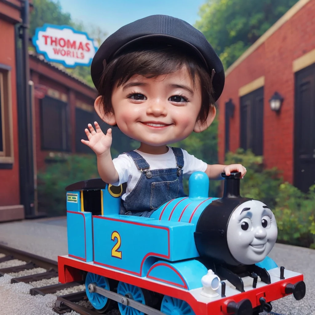 Realistic 3D photo caricature, a 2 year old  of Chinese ethnicity is sitting riding a Thomas mini train, smiling, short and thin hair, wearing a driver's shirt and hat, background of the Thomas World train station. softlight.