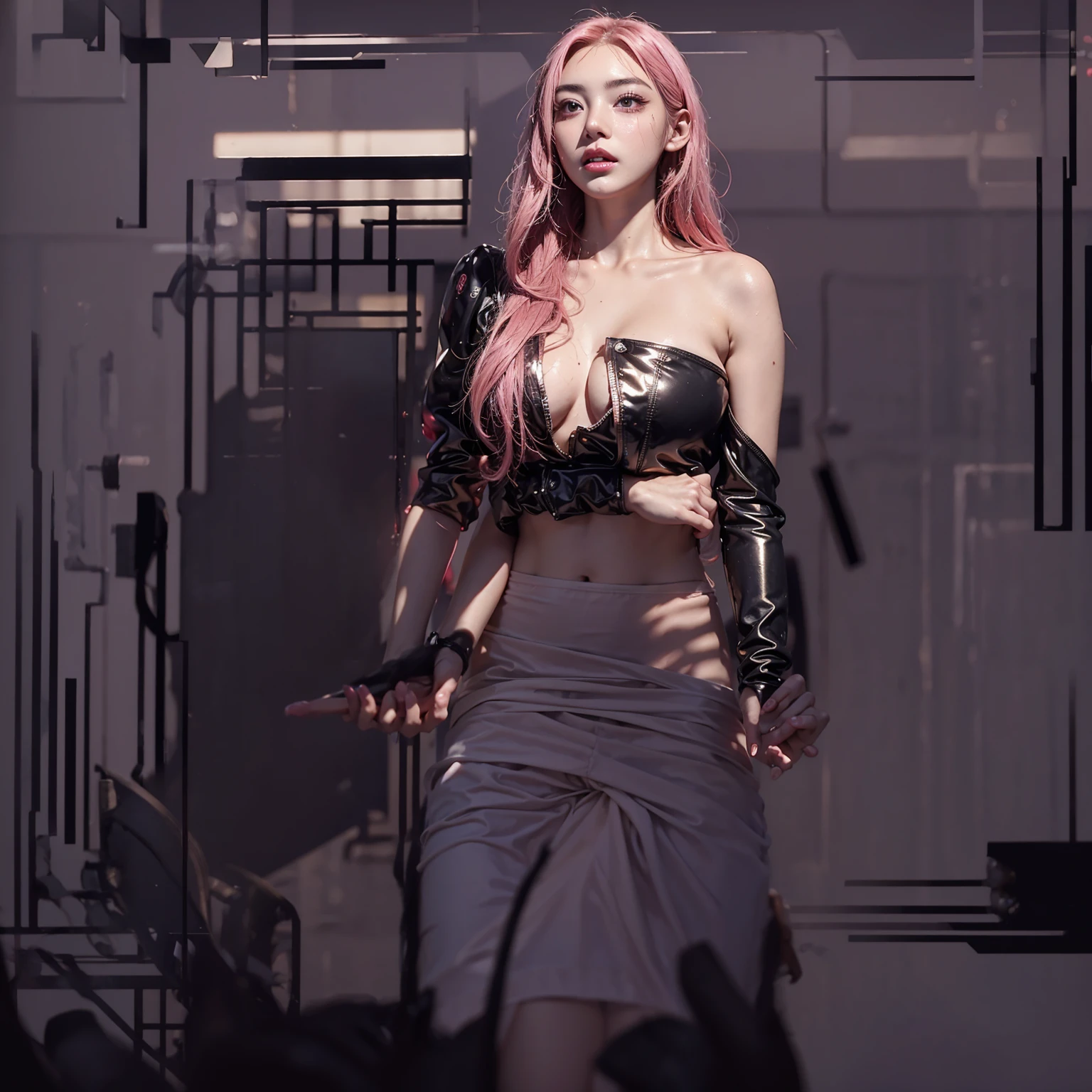 Highest quality、Surreal、Perfect Anatomy、In the middle of a crowded arena、Surrounded by spectators、Crowd、Wet and shiny white skin、Sweat dripping all over the body、Slender model figure、Ahegao、Golden and pink hair、soaked、Super small face、Ahegao、Collars and Leads、Cyberpunk Girl、photo shoot、Black micro bikini、latex、Heart decoration、Cleavage、Dripping blood、Complex Machine Parts、Android、001