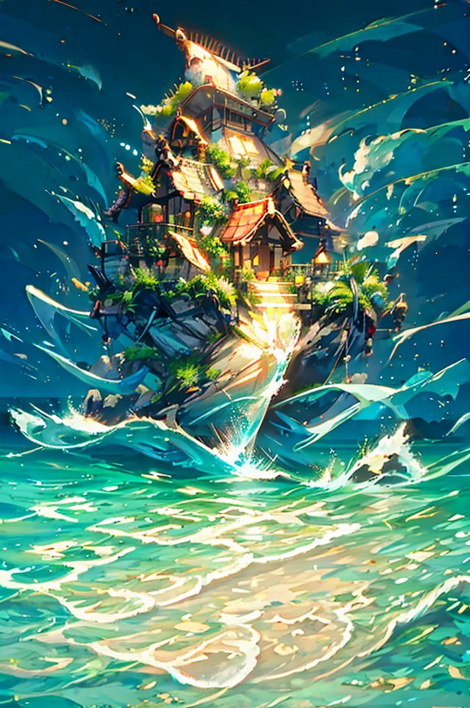 (masterpiece, Highest quality), sea float island , fantasy forest and beach