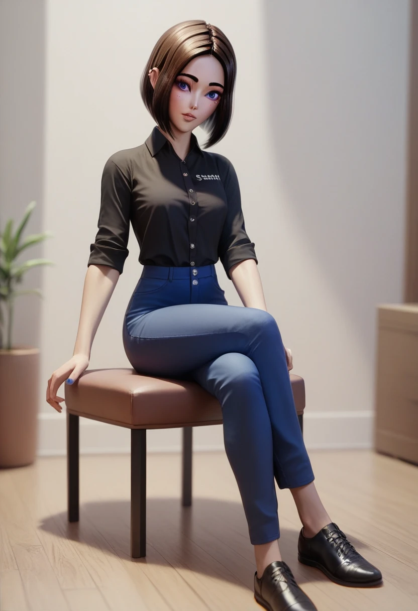 girl, brown hair, bob hair cut, black shirt, rolled up sleeves, dark-blue pants, black shoes, cartoon art style, 3d, sitting, crossed legs, room, skinny, button shirt, forehead, formal pants, sam from samsung