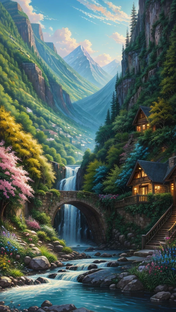 painting of a mountain valley, alleyway , beautiful scenery, waterfall, valley , garden,((glistening look)),hd, High quality, bushes,4k hd, cloud,beautiful art uhd 4 k, a beautiful artwork illustration, beautiful digital painting, highly detailed digital painting, beautiful digital artwork, detailed painting 4 k, very detailed digital painting, rich picturesque colors, gorgeous digital painting