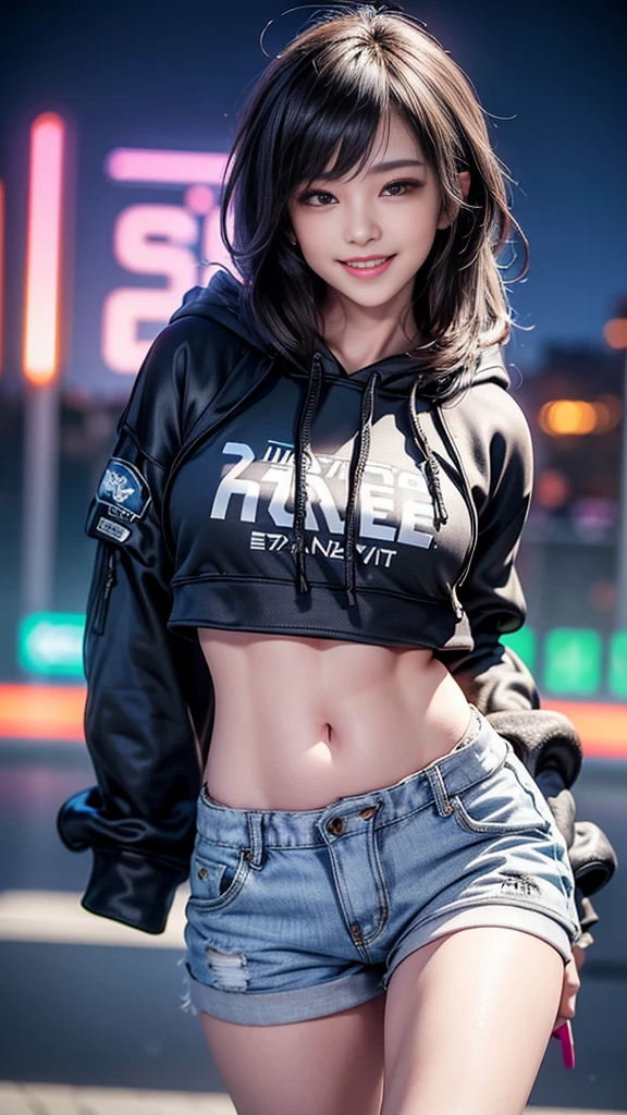 ((masterpiece, best quality, Highest image quality, high resolution, Reality, RAW photos, 8K)), Ultra wide angle, 2 Girls, (Lower Bust:1.4),(Smile:1.5),Colorful underwear,Disheveled long hair:1.35,Complex hairstyle,Beautiful and delicate eyes,(Lower abdomen,Willow Waist,Wide hips,Model physique,Inflatable legs,Detailed body), Cute big breasts,((((Cropped Hoodie,)))), (Dynamic poses:1.0),Just focus,Neon lights are particularly eye-catching, at night, starry night, universe, Art Photography,(Photo by sldr),high resolution, Clear focus, (Realistic artwork:1.37),(extremely detaild的 CG unified 8k wallpapers),((Synthwave Background Theme)),(((Bright colors))),complex,It的 a perfect face,Perfect facial details,Realistic face,Live photos,