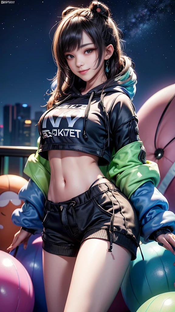 ((masterpiece, best quality, Highest image quality, high resolution, Reality, RAW photos, 8K)), Ultra wide angle, 2 Girls, (Lower Bust:1.4),(Smile:1.5),Colorful underwear,Disheveled long hair:1.35,Complex hairstyle,Beautiful and delicate eyes,(Lower abdomen,Willow Waist,Wide hips,Model physique,Inflatable legs,Detailed body), Cute big breasts,((((Cropped Hoodie,)))), (Dynamic poses:1.0),Just focus,Neon lights are particularly eye-catching, at night, starry night, universe, Art Photography,(Photo by sldr),high resolution, Clear focus, (Realistic artwork:1.37),(extremely detaild的 CG unified 8k wallpapers),((Synthwave Background Theme)),(((Bright colors))),complex,It的 a perfect face,Perfect facial details,Realistic face,Live photos,