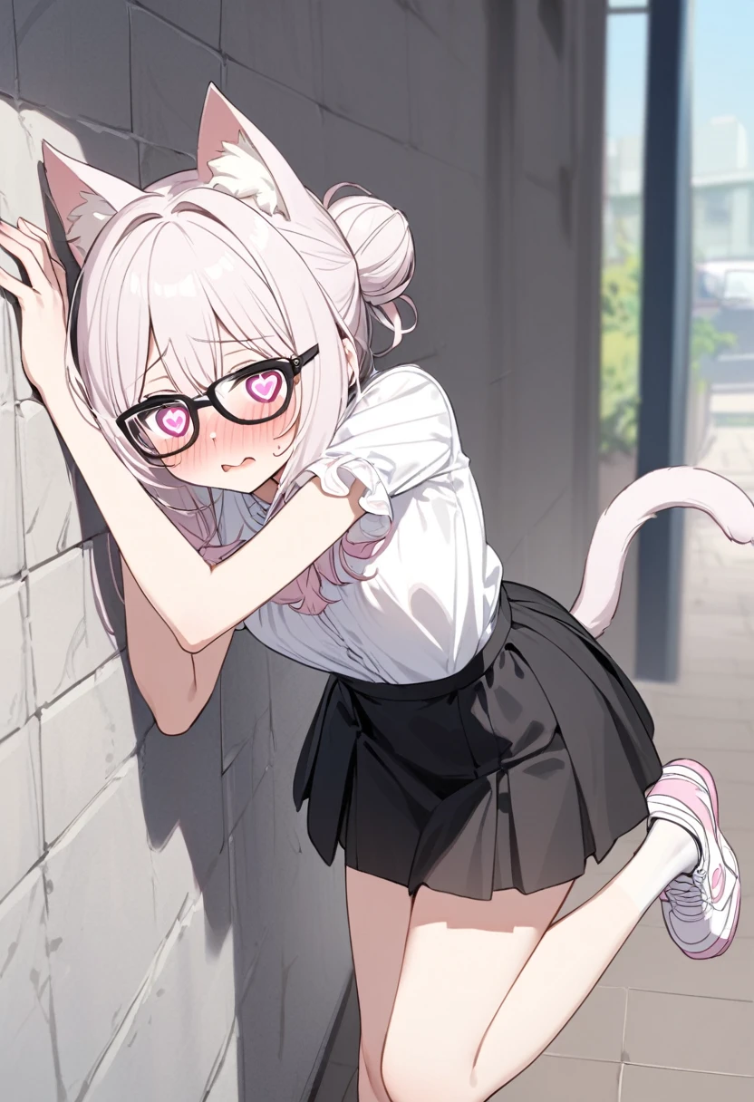 I have white pink hair, cat ears, a bun, my face is super blushing, black glasses, pink heart eyes, a blouse that reaches to my shoulders, a short black skirt, black stockings, white tennis shoes, a tail of cat a very shy girl who is glued to a wall with her butt