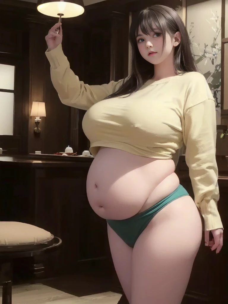 il y a une femme en chemise blanche et culotte noire qui pose, she has a round and big belly, thick, bbwchan, her belly is big and round, sultry body with sexy belly, attractive plus size model, her navel is exposed, hyperrealistic complete figure, corps thick, large stomach, curved model