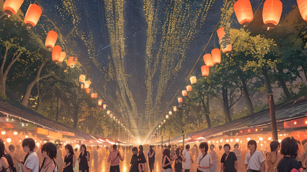 At the end of the night summer festival、not popular、A fantastic light illuminates the surroundings、Ultra-high resolution、8k、16K、Japanese Summer Festivals、Return、The bittersweet feeling of a summer night ending as lanterns cast a warm light into the night sky、Amazingly beautiful and heartbreaking