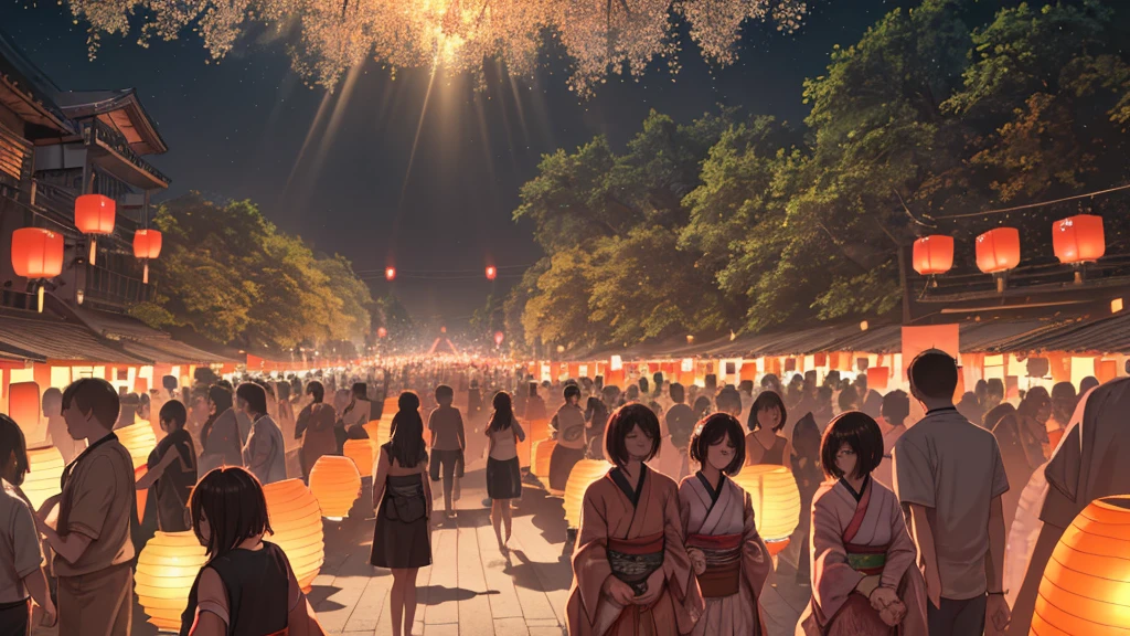 At the end of the night summer festival、not popular、A fantastic light illuminates the surroundings、Ultra-high resolution、8k、16K、Japanese Summer Festivals、Return、The bittersweet feeling of a summer night ending as lanterns cast a warm light into the night sky、Amazingly beautiful and heartbreaking