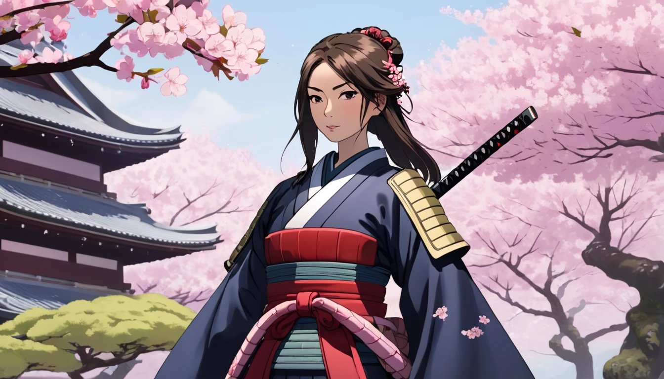 Female samurai,Cherry blossoms and Japanese temple