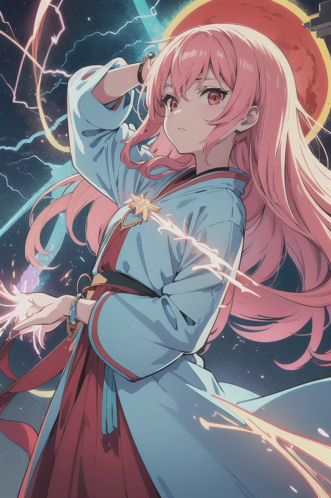 (flat color:1.3),(colorful:1.3),(masterpiece:1.2), best quality, original, extremely detailed wallpaper, looking at viewer, upperbody shot of a girl infused with lightning, fully clothed with blue long robe, highly detailed, extremely detailed, red eyes, electric, red moon, Rays of Shimmering Light, Cinematic Lighting, Matte, Stone, Milky Quartz, Opalite, Jewelry, Silk, Feathers, Water splash, Fog, Electric, Electricity, sparks, lensflare, rim lighting, backlighting, Bracelet, Chromatic Aberration, RTX, Post Processing