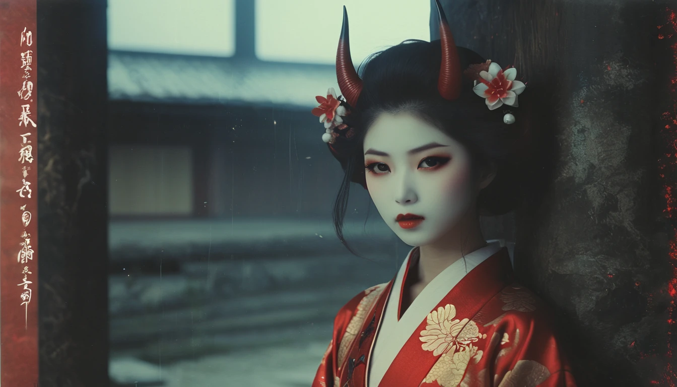 monster girl, solo, oni girl, horns, kimono, japanese temple, spirits, yokai, vampire teeth --ar 4:5 --s 250