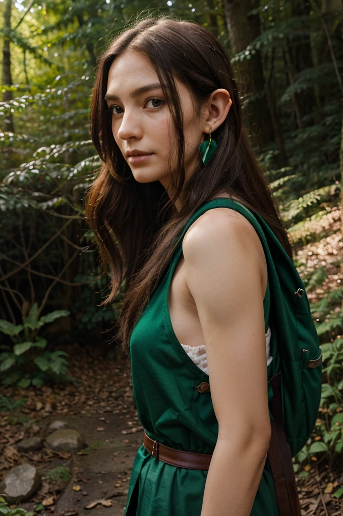 Emerald shoulder-length hair,half-elf,Height 162cm,Weight 49kg,Delicate facial features,male,Traveler,Large backpack,Left earrings,In the forest,Traditional RPG style,Observing mushrooms
