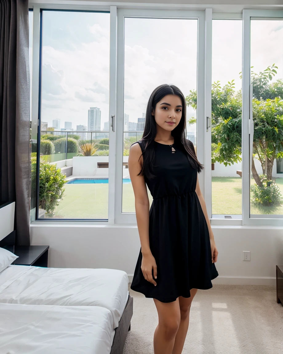 A beautiful young Brazilian girl, with extremely pale skin, with straight black hair ((wearing a black dress)). standing, in a spacious room, with a bed with pink sheets, (window overlooking the pool:1.3), full body photo, 4k, high quality.