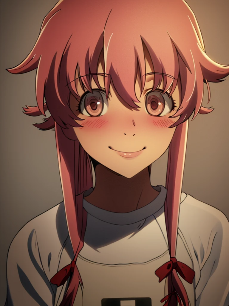 Yuno Gasai wearing a , close up, standing, casual, smiling softly, blushes, shy, white background