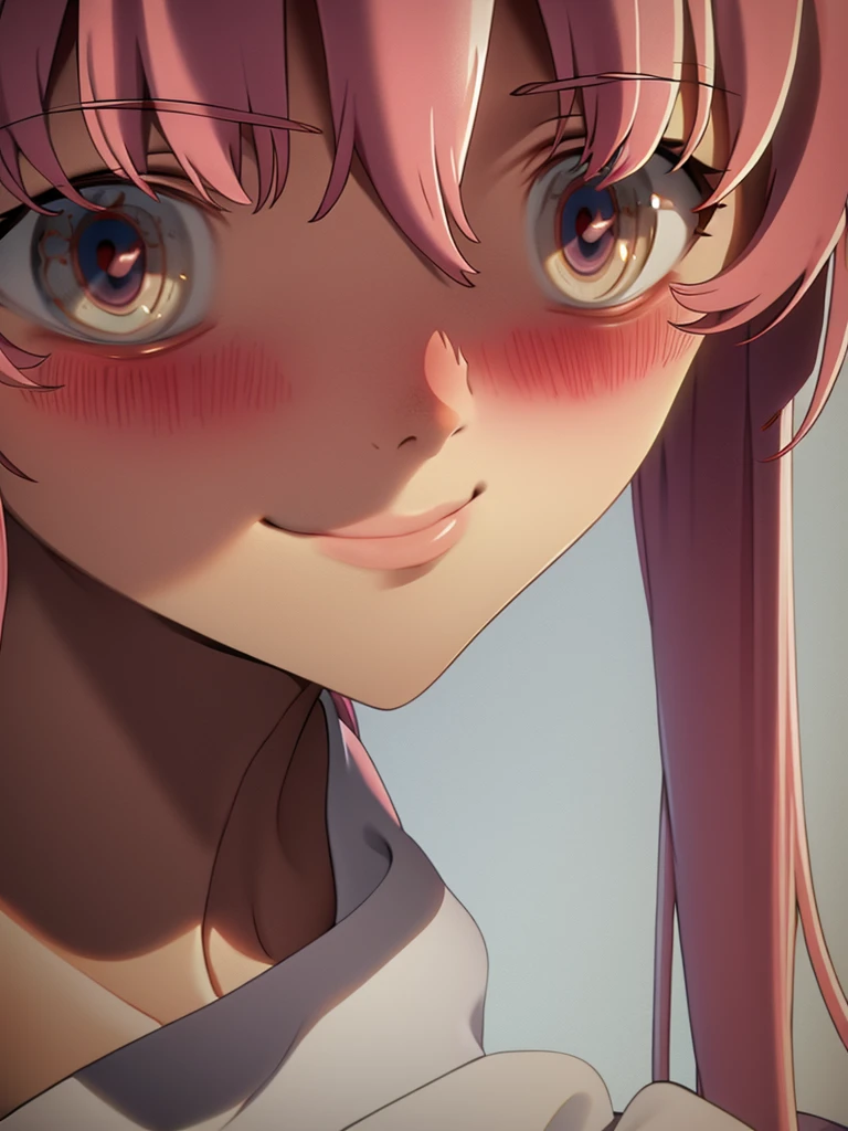 Yuno Gasai wearing a , close up, standing, casual, smiling softly, blushes, shy, white background 
