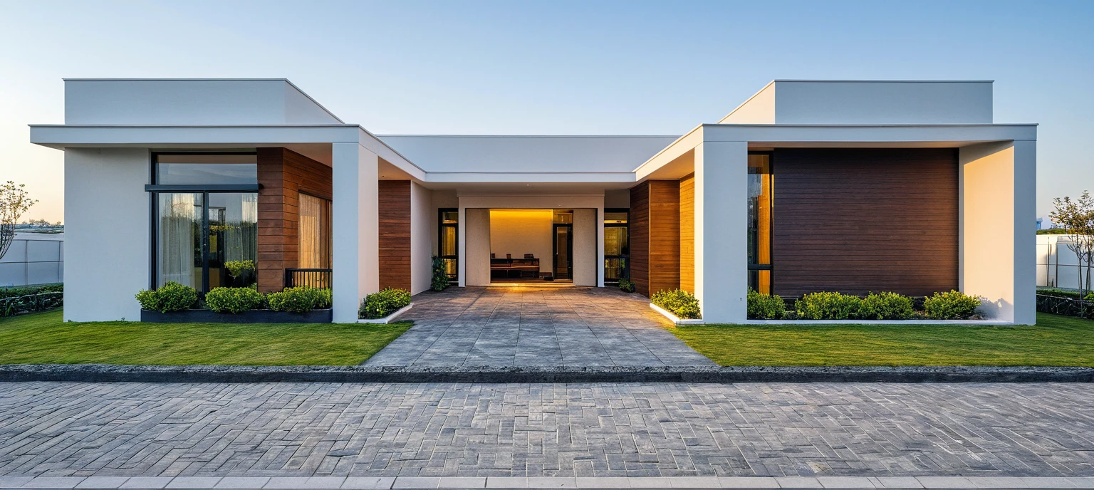 Masterpiece, high quality, best quality, authentic, super detail, outdoors, onestoreyvillaXL, aiaigroup, house style modern on the street ,stairs, white wall ,road,pavement, grass, trees, sky, cloud, (daylight:1.1)