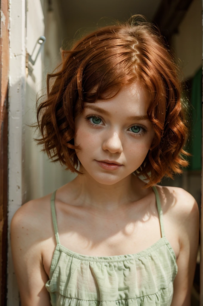 A -yead redd girl with short curly hair and green eyes