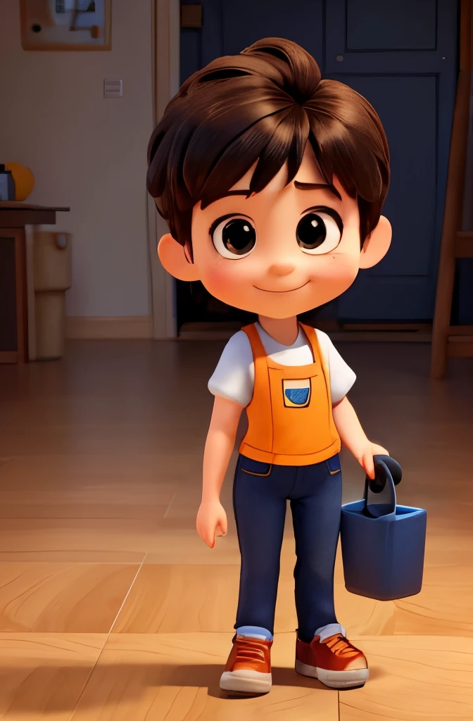 a cute little female floor helper , 45 years, big head, short hair, Oval face,SMILE,fit, high, with an orange vest he wears a white t-shirt, dark blue jeans and black shoes.,toy figures, Best Quality, 3D cartoon,full body view, elegant, dreamlike, surrealism, beautiful, trend on Artstation