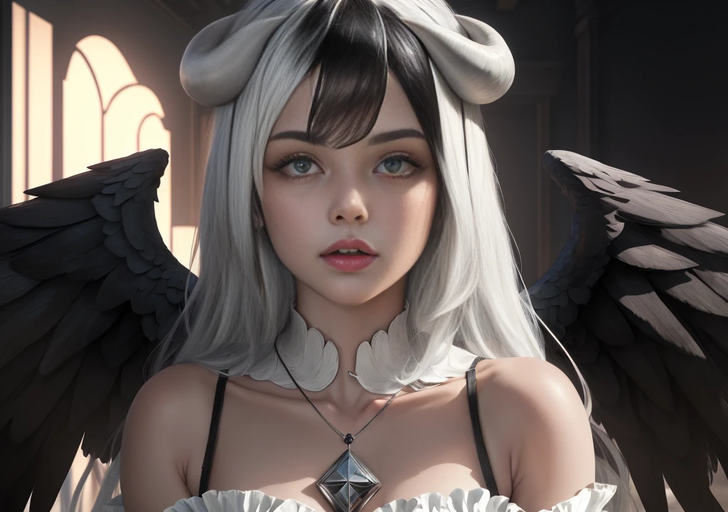 (masterpiece:1.3),(best quality:1.2),8k,absurdres,unity 8k wallpapper,(extremely detailed:1.3),highestres,
1girl, ,heterochromia, white hair, black hair, split theme, angel,devil,wings,