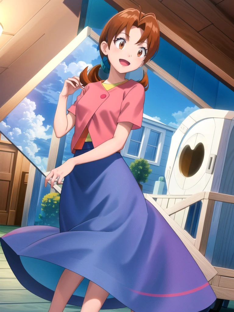 Delia_Ketchum 1girl, full body, looking at viewer, :d, open mouth, (extremely detailed CG unity 8k wallpaper), (masterpiece), (best quality), (ultra-detailed), (best illustration), (best shadow), (absurdres), finely detail, skirt, shirt, blue skirt, long skirt, pink shirt, slippers,