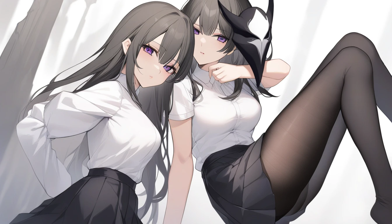 17 year old girl, pretty face and beautiful,  pretty lips, purple eyes, long straight black hair, slightly big breasts, semi-large thighs, hip a little wide, thin waist, clothes tights and a black skirt.   White shirt with a black cape and a mask next to his face a white hollow knight mask 