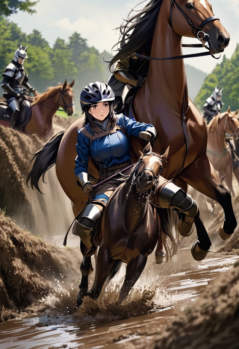 horse riddn by japanese girl can't move because riding horse stuck in the muddy pitfall,girl of knight,REAL,horse riding,A realistic movie scene