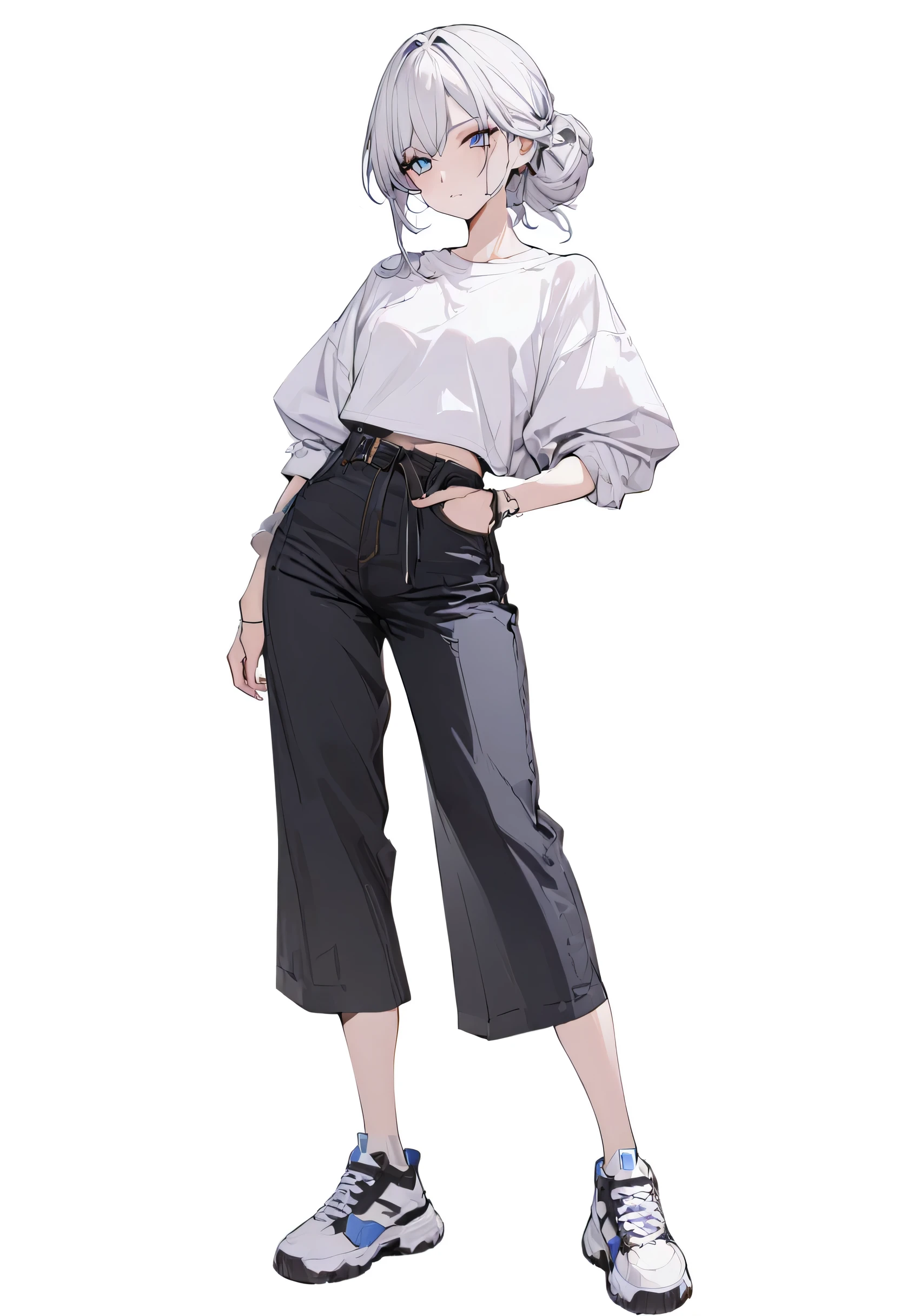 (Masterpiece, highest resolution: 1.2, 8K), center, full body, one girl, casual hairstyle, blue-black fashion, wide pants, simple sneakers, simple background, blank white background, eyes open,