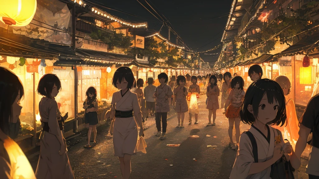 At the end of the night summer festival、not popular、A fantastic light illuminates the surroundings、Ultra-high resolution、8k、16K、Japanese Summer Festivals、Return、The bittersweet feeling of a summer night ending as lanterns cast a warm light into the night sky、Amazingly beautiful and heartbreaking