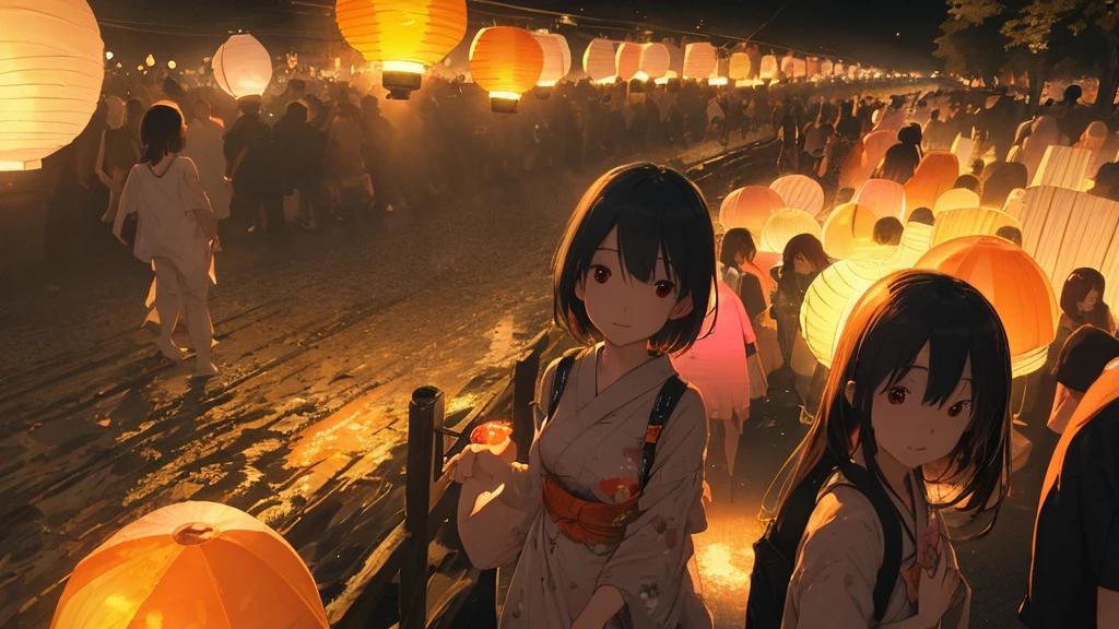 At the end of the night summer festival、not popular、A fantastic light illuminates the surroundings、Ultra-high resolution、8k、16K、Japanese Summer Festivals、Return、The bittersweet feeling of a summer night ending as lanterns cast a warm light into the night sky、Amazingly beautiful and heartbreaking