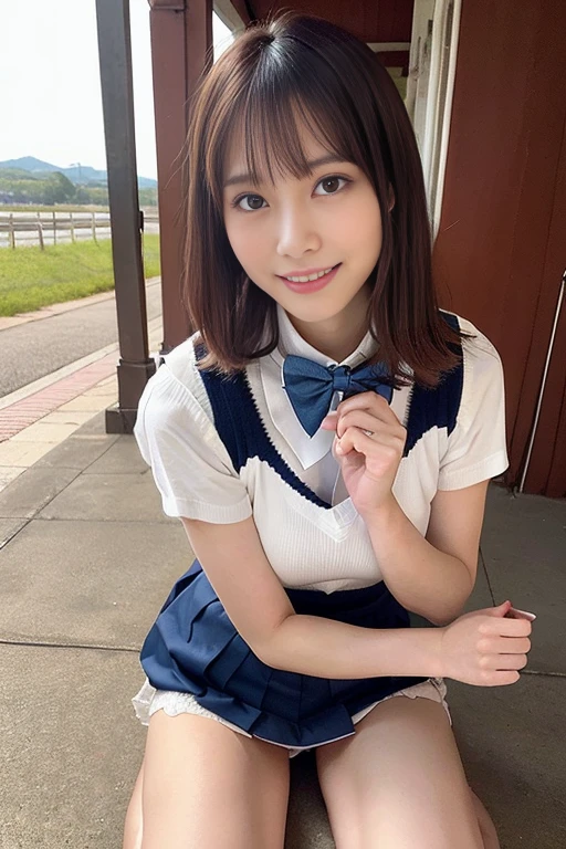 (masterpiece:1.2, highest quality), (realistic, photorealistic:1.4), beautiful illustrations, (natural side lighting, movie lighting), Depth of written boundary,
looking at the viewer, Front view, 1 girl, English, high school girl, 20 years old, perfect face, Cute symmetrical face, shiny skin, open legs,
(bob hair,blonde), asymmetrical bangs, Big eyes, droopy eyes, long eyelashes chest), thin,
beautiful hair, beautiful face, fine and beautiful eyes, beautiful clavicle, beautiful body, beautiful breasts, beautiful thighs, beautiful feet, beautiful fingers,
((fine fabric texture, brown knit vest, short sleeve white collar shirt, navy pleated skirt, Navy bow tie)),
(beautiful scenery), (smile, Upper grade, open your mouth), (skirt lift, panties, genitals visible:1.15)