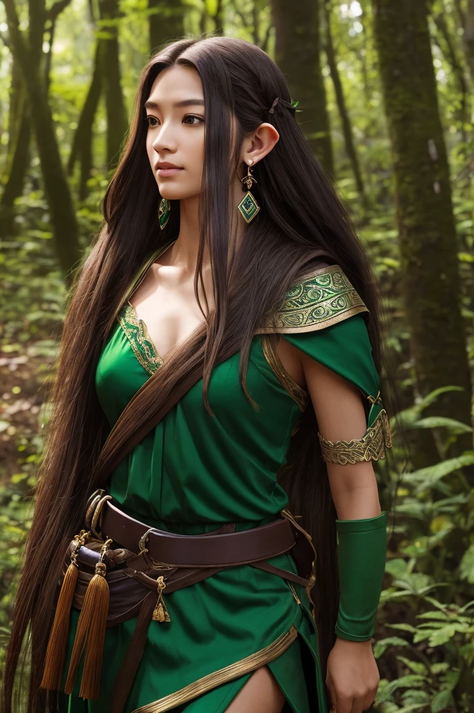 Emerald shoulder-length hair，half-elf，Height 162cm，Weight 49kg，Delicate facial features，male，Traveler，Large backpack，Left earrings，In the forest，Traditional RPG style，Observing mushrooms