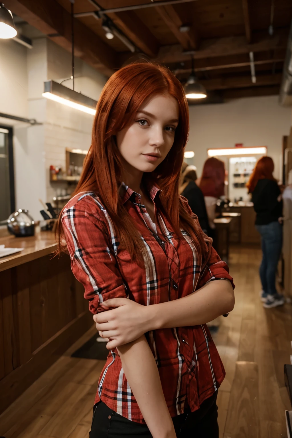 A girl with red hair, slim build, large red checkered shirt, red hair, плоская грудь