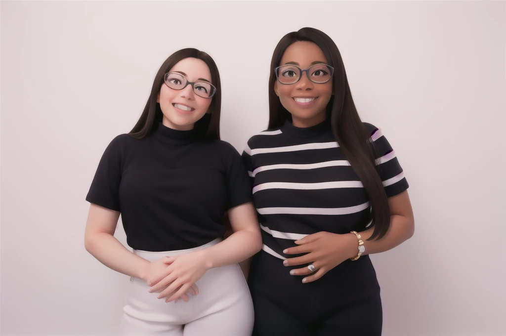two women smiling, one wears glasses, the other doesn't, with a white wall in the background