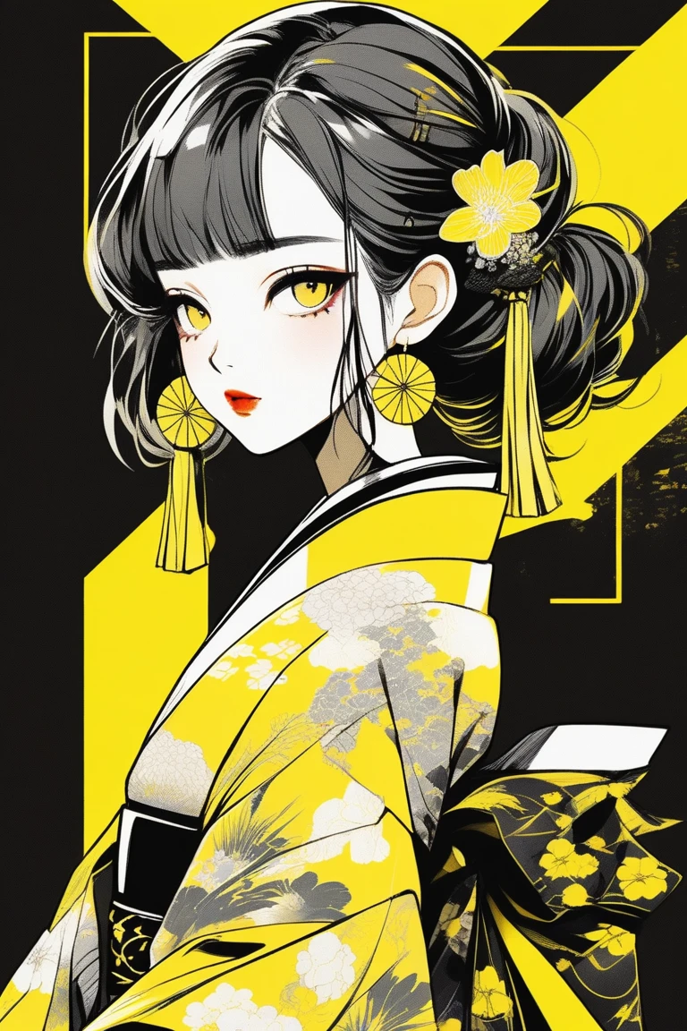 (best quality, sketch:1.2),realistic,illustrator,anime,1 girl, detailed lips, kimono,custom, black and yellow gradient background,neon hair,textured cropping, masterpiece, style retro classic, noir style , Japanese style 