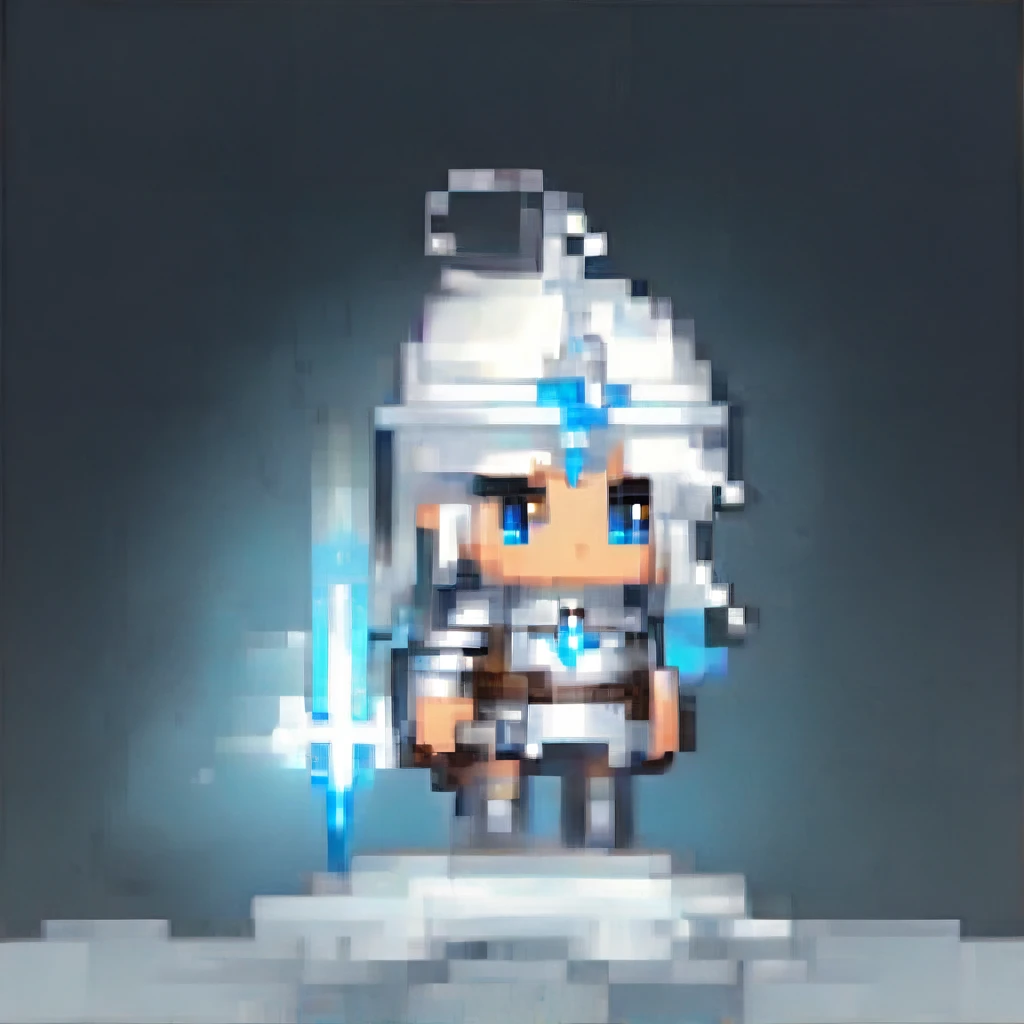 A chibi female character in shining silver and white Valkyrie armor from Norse mythology, wielding a glowing spear. She has swan wings and feathers, glowing ice-blue eyes, and elegant angelic horns. The spear glows with a holy light effect, and she is in a dynamic flying pose. The artwork features cinematic lighting and moody colors, in a digital art, concept art style.
