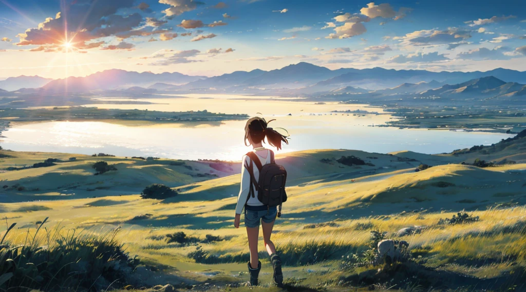 The vast sky, beautiful skyline, large grasslands, extremely tense and dramatic pictures, moving visual effects, the high-hanging Polaris, and colorful natural light. Long-sleeved top, denim shorts, and a girl with a backpack.