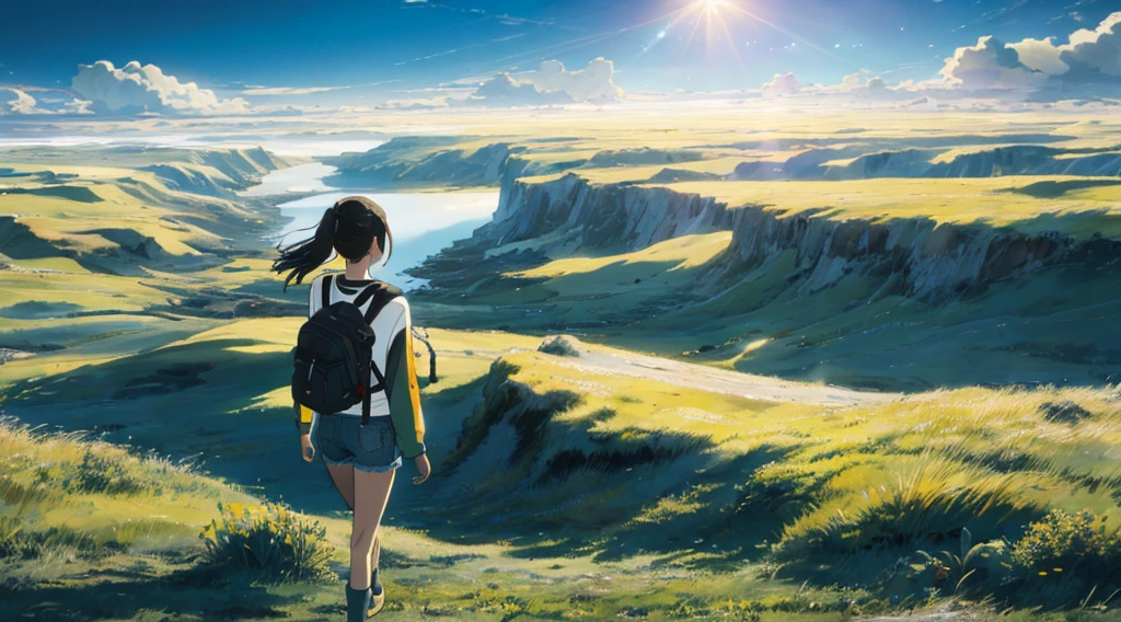 The vast sky, beautiful skyline, large grasslands, extremely tense and dramatic pictures, moving visual effects, the high-hanging Polaris, and colorful natural light. Long-sleeved top, denim shorts, and a girl with a backpack.